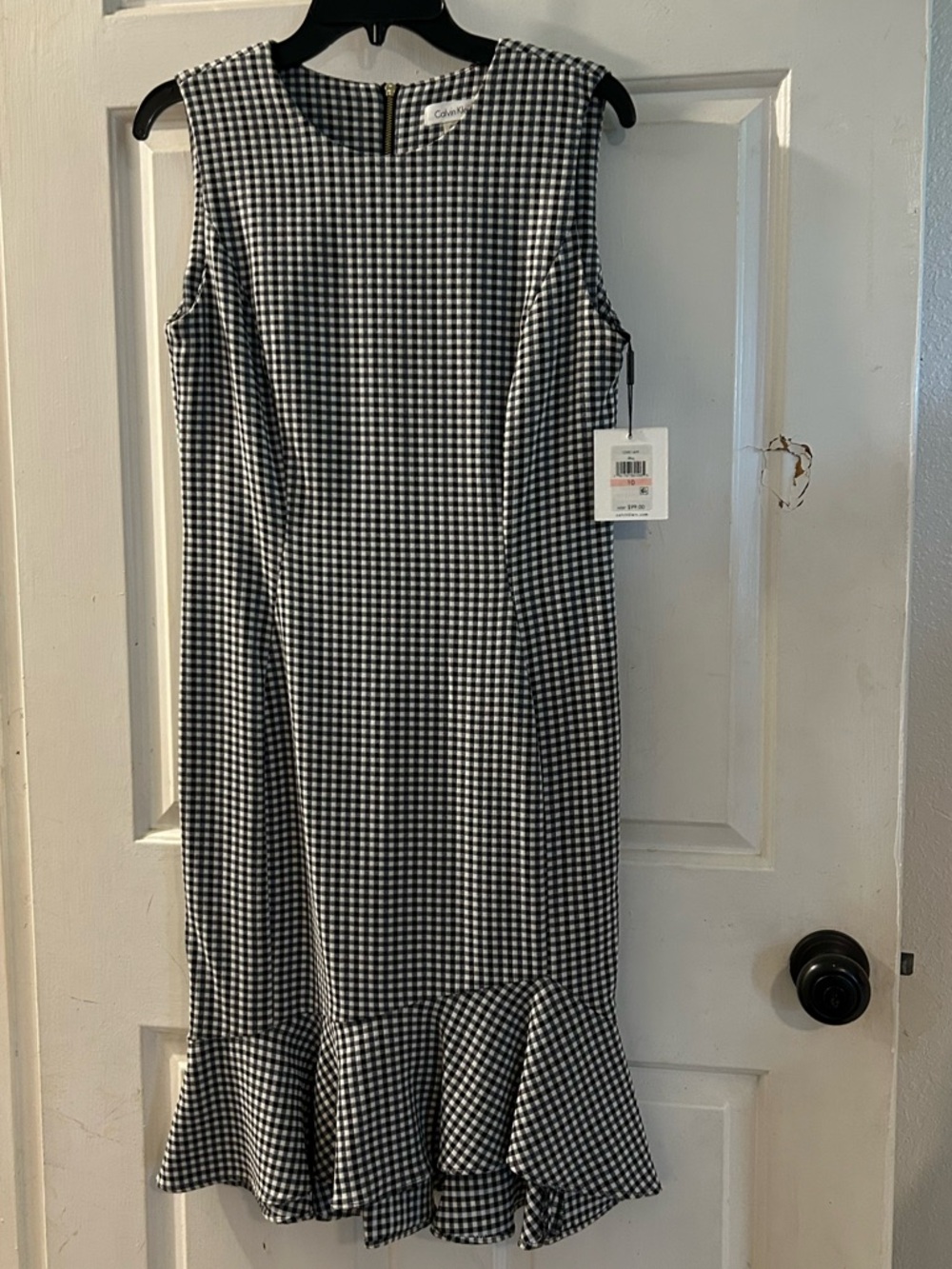 Calvin Klein Black and White Gingham Midi Dress with Ruffle Hem